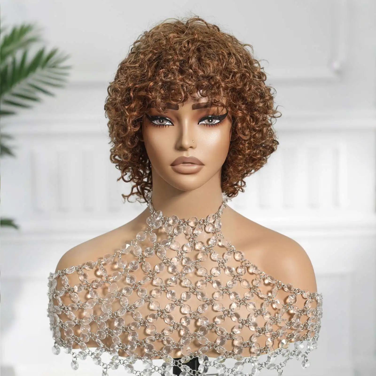 Short Afro Curly 100% Human Hair Wig with Bangs Brown Bouncy Short Kinky Curly Bob Breathable Mesh Cap Natural Wigs for Women