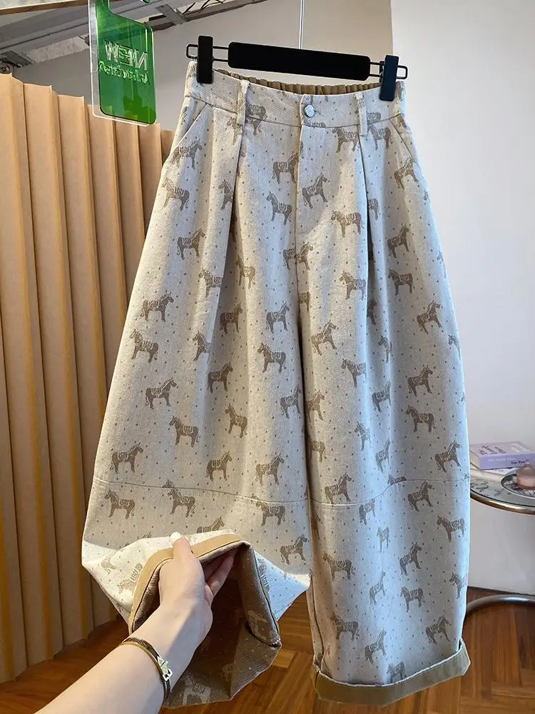 

High Waist Balloon Pants Women's Casual Trousers with Cuffed Hem Printed Design Slimming Wide Leg Jeans for Ladies
