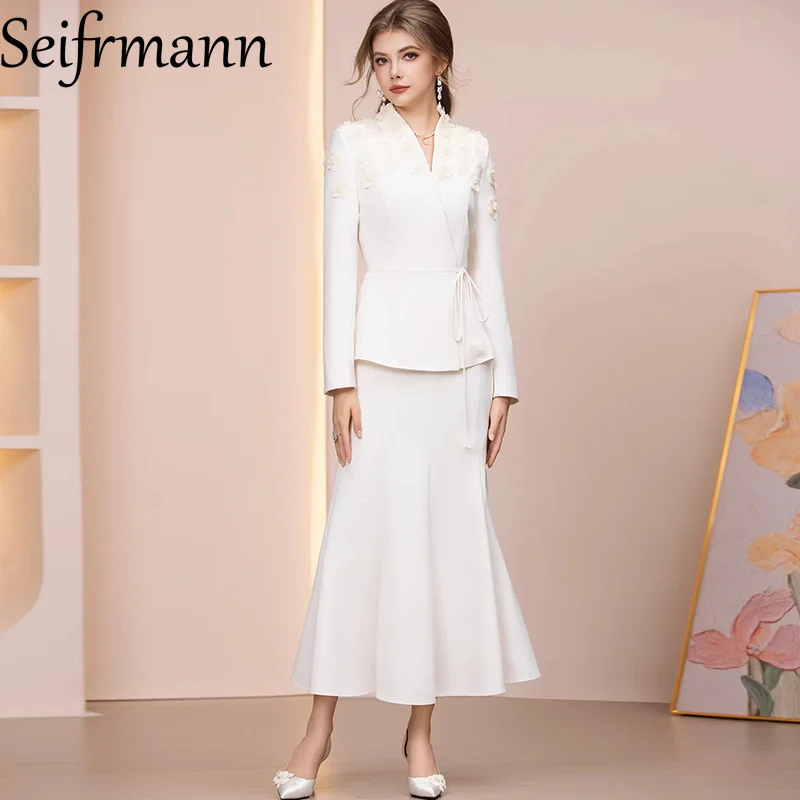 

Seifrmann 2026 Spring Women's New Fashion V-neck Long Sleeve Three Dimensional Flower Suit coat+Fishtail Half Skirt Set