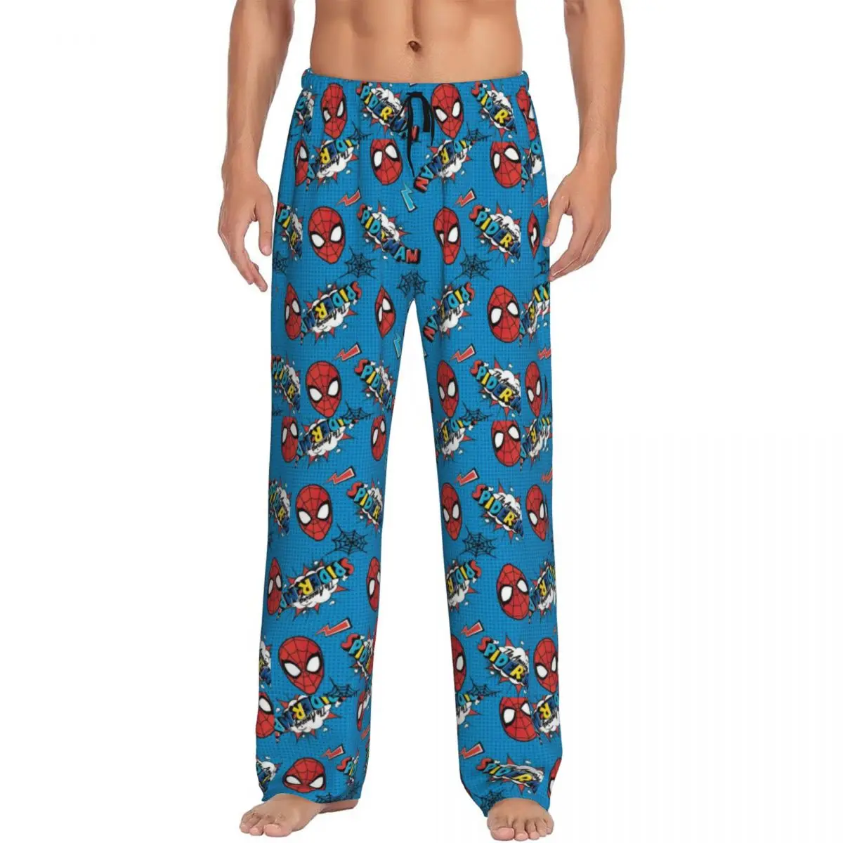 Pantalones de pijama personalizados de Spider Man, ropa de dormir para hombres, cintura elástica, patrón azul, pantalones de salón para dormir con bolsillos