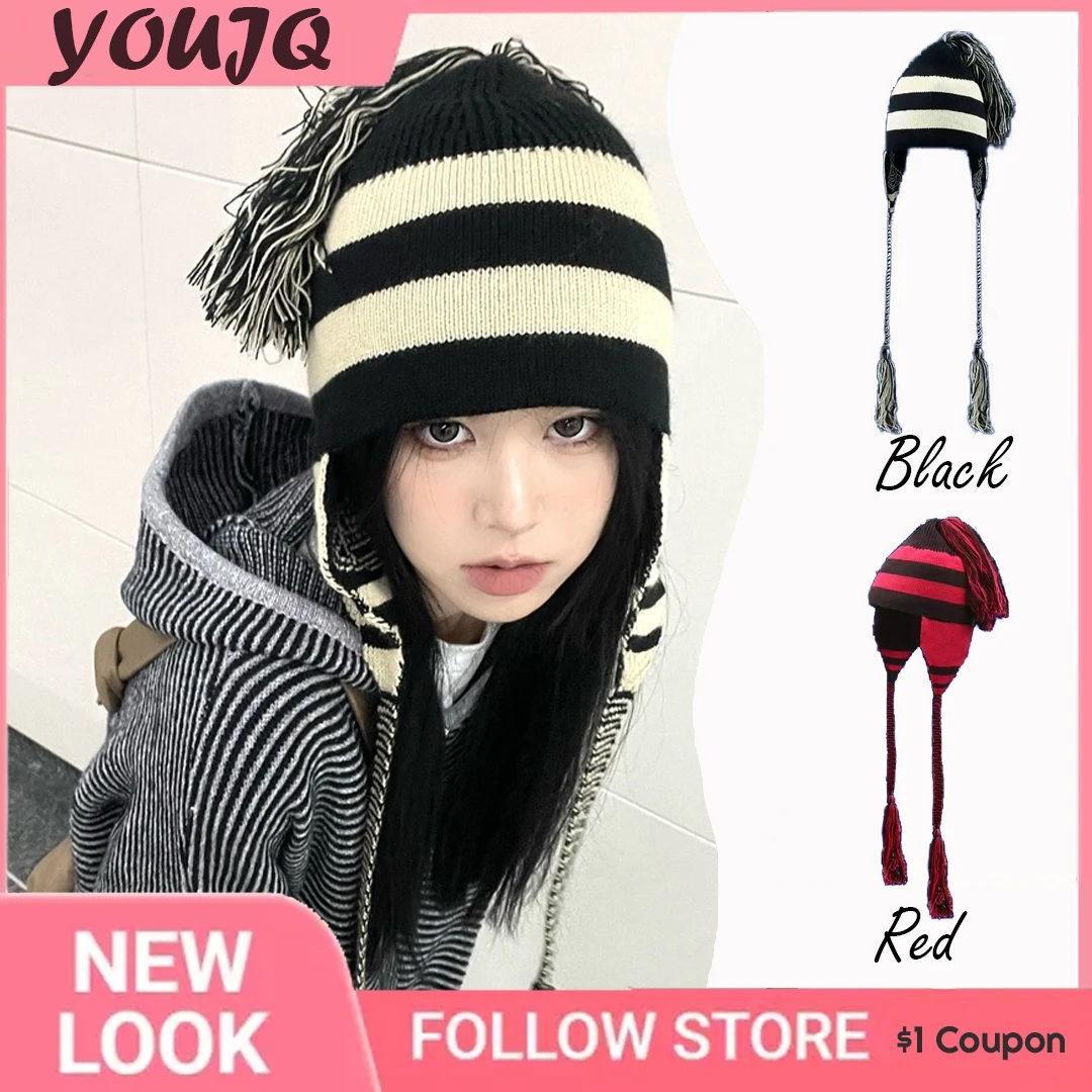 

Y2K Cartoon Caps Ladie Winter Hand Knitted Bomber Hat Cosplay Street Ear Protection Warm Wool Tassel Russian Gorras