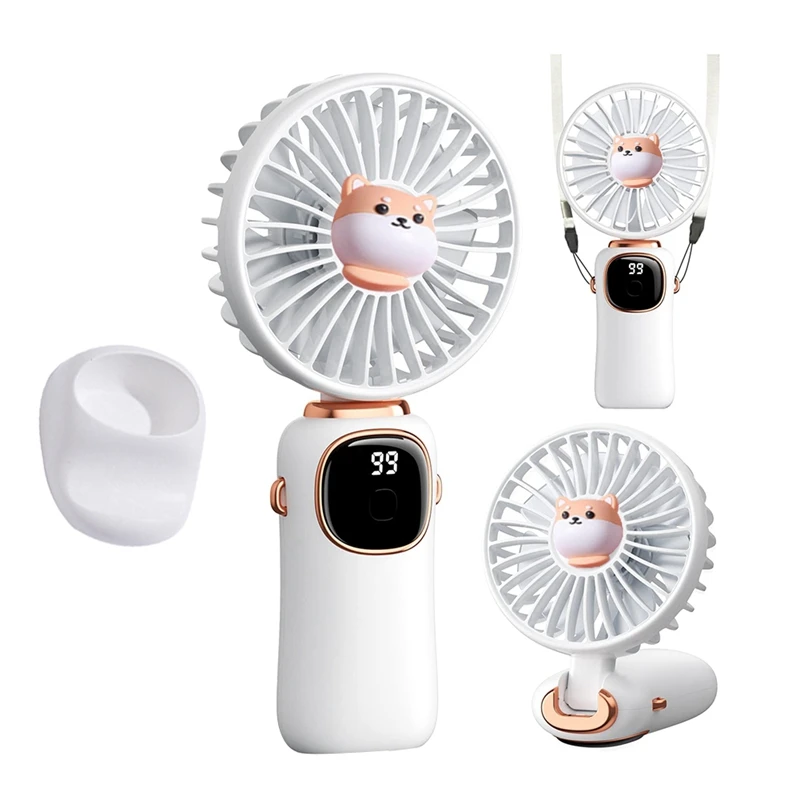 Portable Handheld Fan, 4000Mah Neck Fan With LED Display, Foldable Desk Fan With Base, 5 Speed Fan For Women