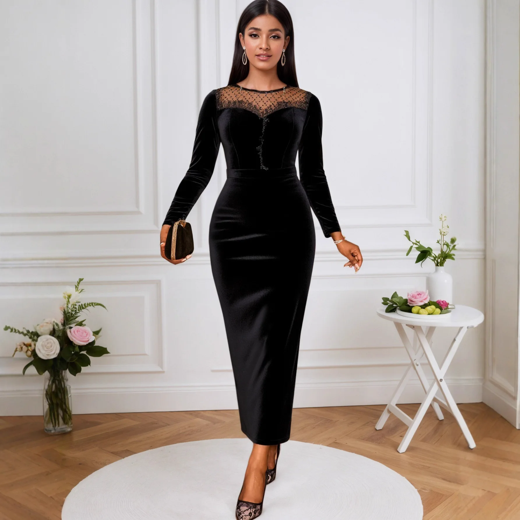 French Round Neck Sheer Velvet Dress Sexy Mesh Patchwork Long Sleeve Slim Fit Bodycon Evening Gown Dress Robe Vestido Women
