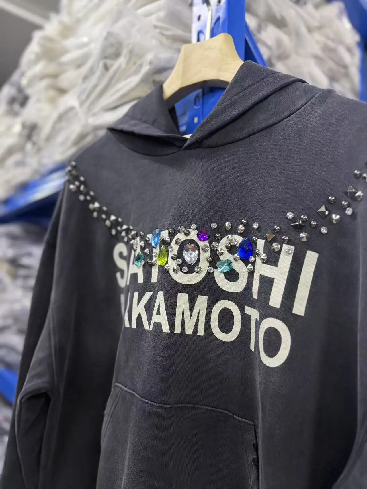 Color Rhinestone Necklace SATOSHI Hoodie Retro Distressed Washed Black Oversize Hood Sweatshirts Letter Print Men Women Outfit
