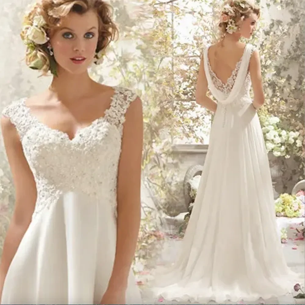 Classic A-line Wedding Dress 2026 V-neck Lace Appliques Sheer Back Beach Bohemian Chiffon Bridal Bride Grown Vestidos De Novia