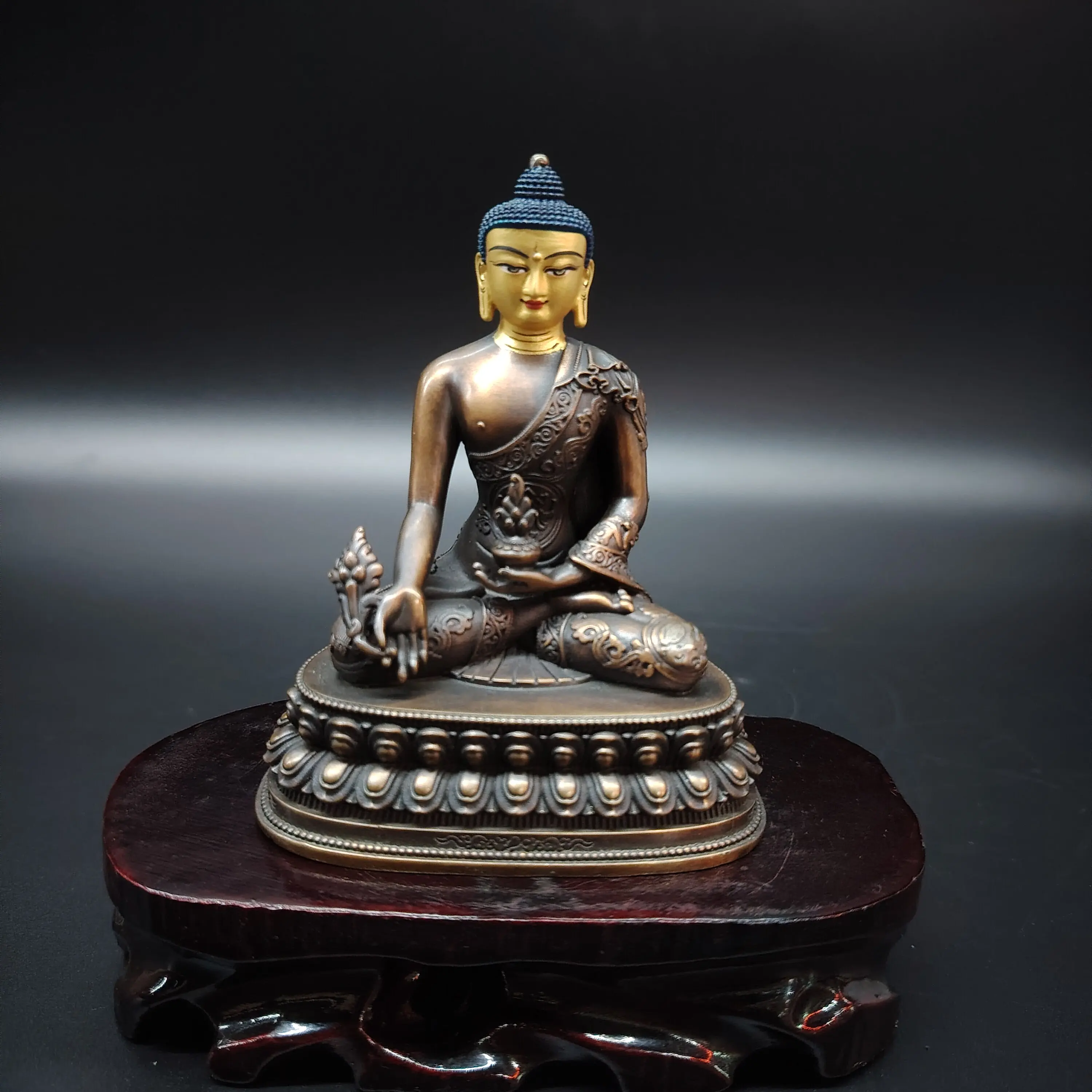 Nepal Craft Antique Copper Painted Face Medicine Buddha Statue 10cm Portable Altar Blessing