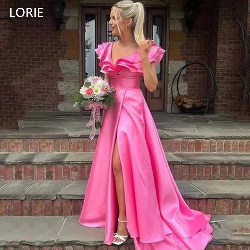 

LORIE Hot Pink Satin A-Line Wedding Dresses V-Neck Short Sleeves Side Silt Bridal Gown Ankle-Length Bride Gowns 2025 Customized