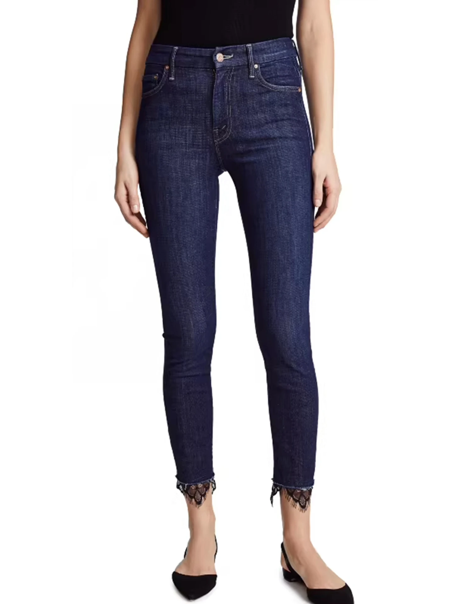 

High Waist Stretchy Lace Trim Slim Fit Soft Butt Lifting Nine-Tenths Length Women's Jeans Casual Cotton Blend Wear Resistant