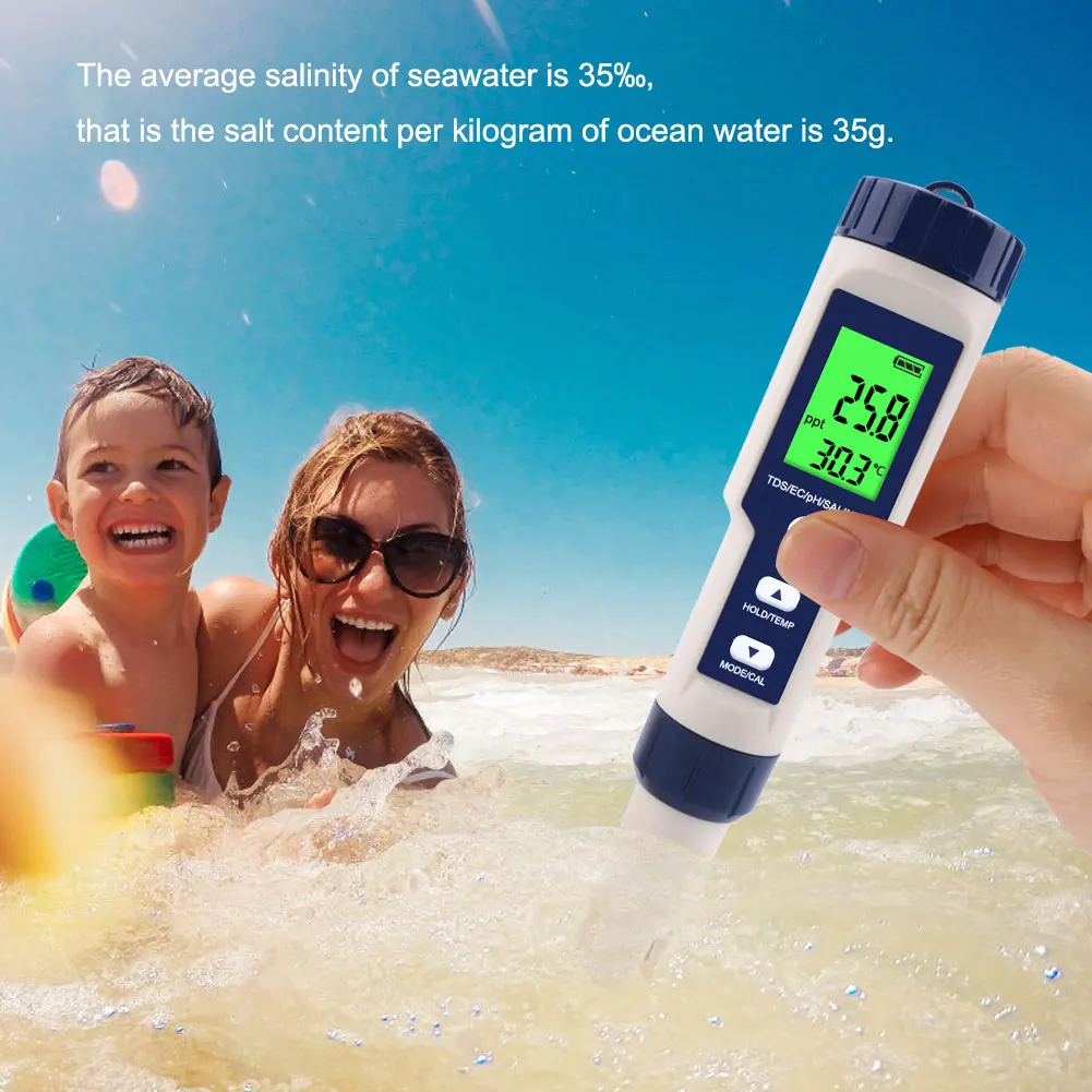 Medidor digital de la calidad del agua 5 en 1, dispositivo que mide la temperatura, salinidad, TDS, EC y PH del agua de piscinas y acuarios y agua