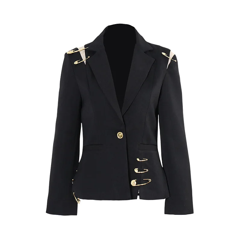 Mesh Splicing Jacket 2025 Summer New Style Pin Decoration Long Sleeve Slim Suit for Women Blazer Femme