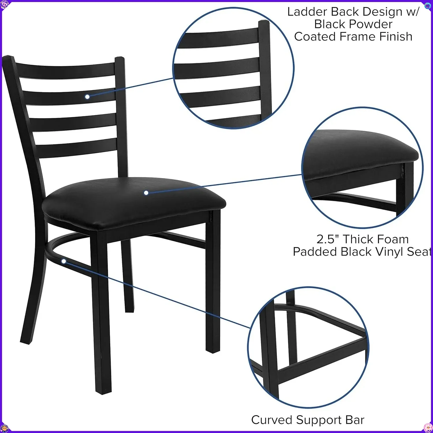 Series Black Ladder Back Metal Restaurant Chair - Black Vinyl Seat