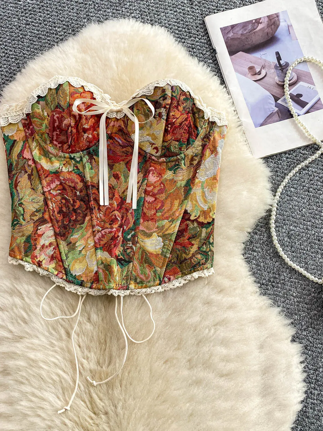 Top Corto con Encaje Dulce para Mujer, Top sin Mangas con Bordado Intenso, Patrón de Pintura al Óleo, Sexy, con Cinturón de L...