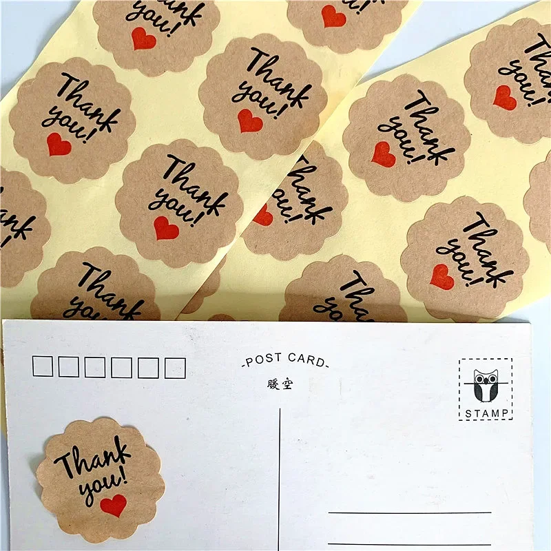 100pcs/Lot Thank you With Red Heart  Kraft Label Sticker DIY Hand Made For Gift Cake Baking Sealing Sticker