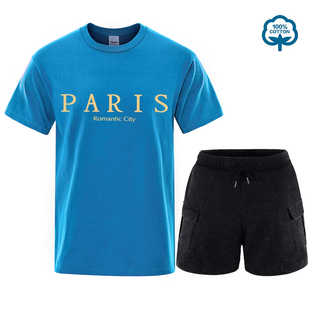 

Paris Romantic City Letter Graphic Print Tees Men T-Shirt Set Summer Loose Clothing Loose Cotton Oversize Tshirt Street Soft Top