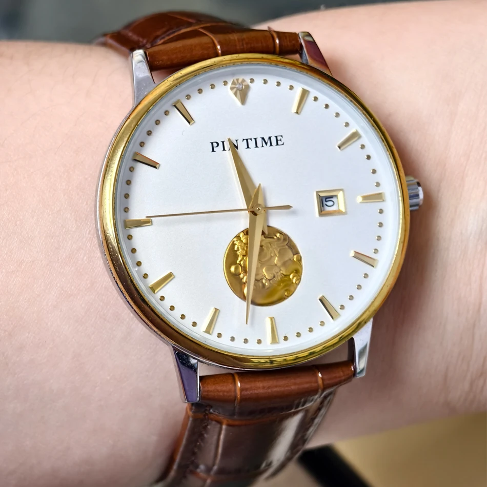 Clearance Sale Luxury Automatic Mechanical Watch for Men Genuine Leather Strap Tourbillon Design Gold Dial Business Wristwatch