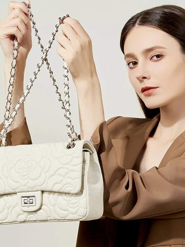 

VEEVILLEA Tea Flower Emed High Mountain eepskin Leather Women's Bag Chain oulder Bag Diamond id Pattern Ladies Purse