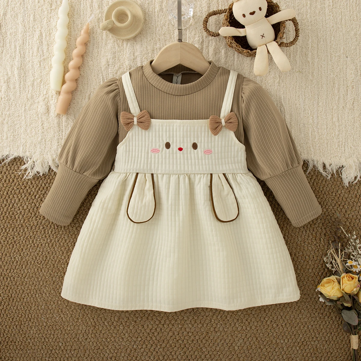 Korean Style Baby Girl Fashion Cartoon Casual Dress Autumn Soft Long Sleeved Toddler Crew Neck Dress