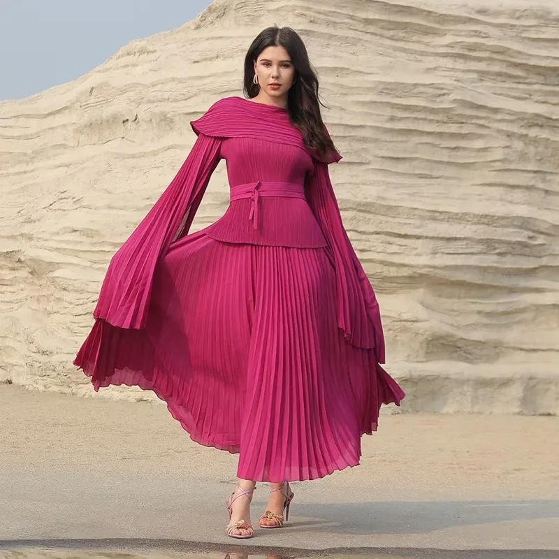 

Miyake Pleated Split Solid Color Long Sleeve Top Elastic Waist Long Big Swing Skirt Set Middle East New Women's Large Stretchy
