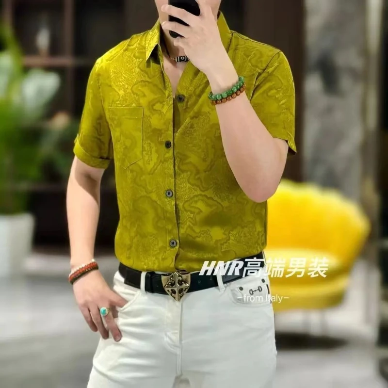 

Новая жаккардовая повседневная мужская летняя модная универсальная рубашка высокого качества в китайском стиле с рисунком пейзажной живописи