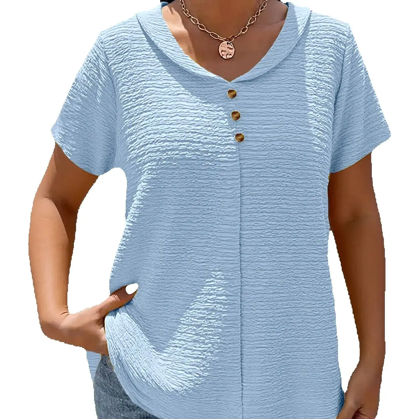 Plus Size Frühling und Sommer, neue modische, elegante, einfarbige, strukturierte Stoffkleidung mit Knöpfen, Puppenkragen, kurzen Ärmeln, vielseitig kombinierbar. – Detail 1