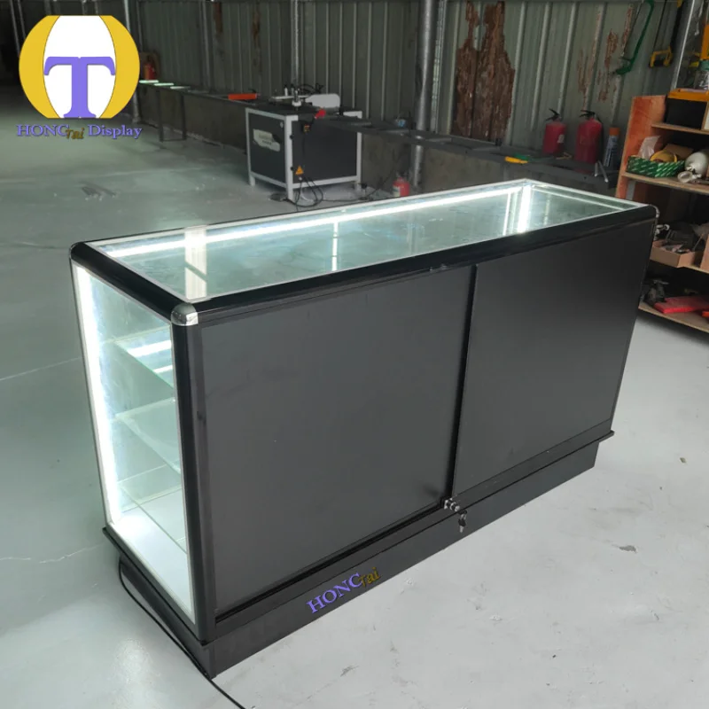 custom.New Arrival Full Smoke Store Lockable Mirror Cabinet Display Door Glass Tempered Glass Colorful LED Strip Lig