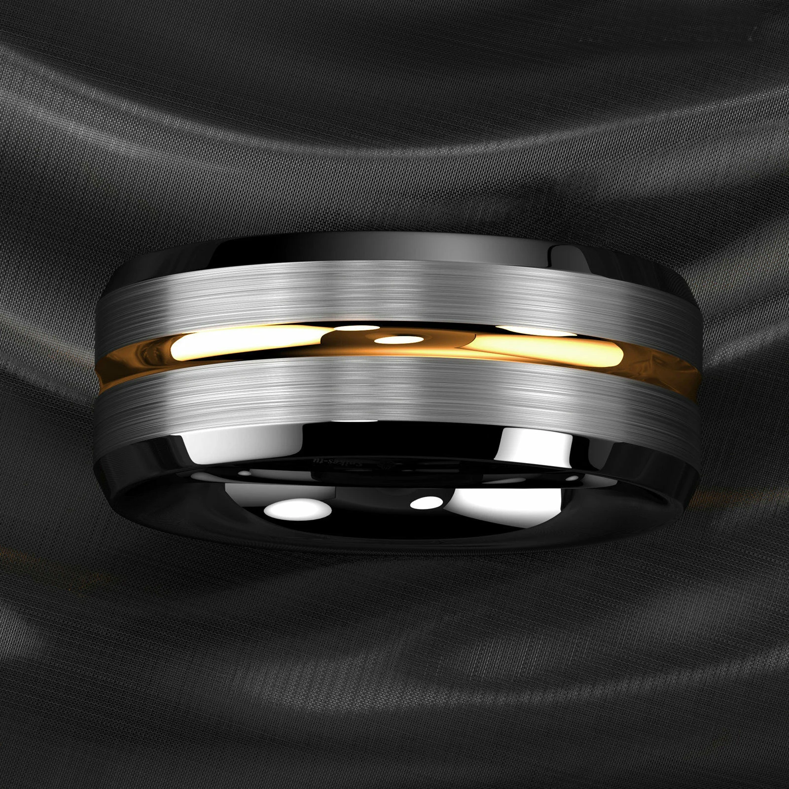 Fashion 8mm Gold Color Groove Men Stainless Steel Rings Silver Color Brushed Black edge Rings For Men Women Wedding Band Jewelry