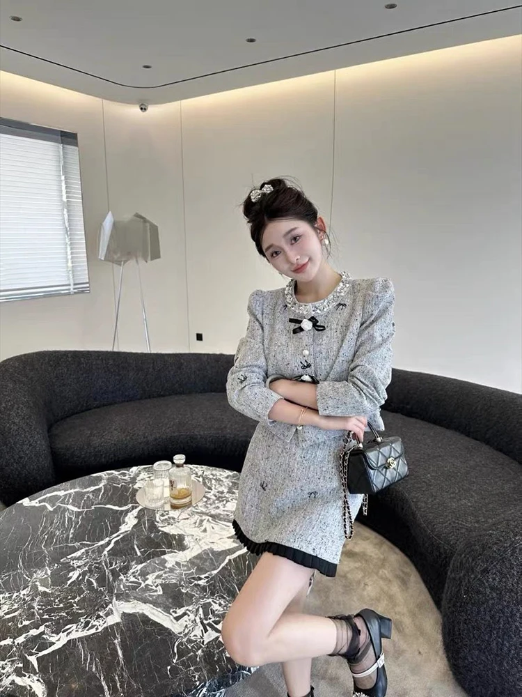 Autumn New High-grade Sense Small Fragant Style Tweed Blazer Short Skirt Women Elegant French Style Two-piece Set