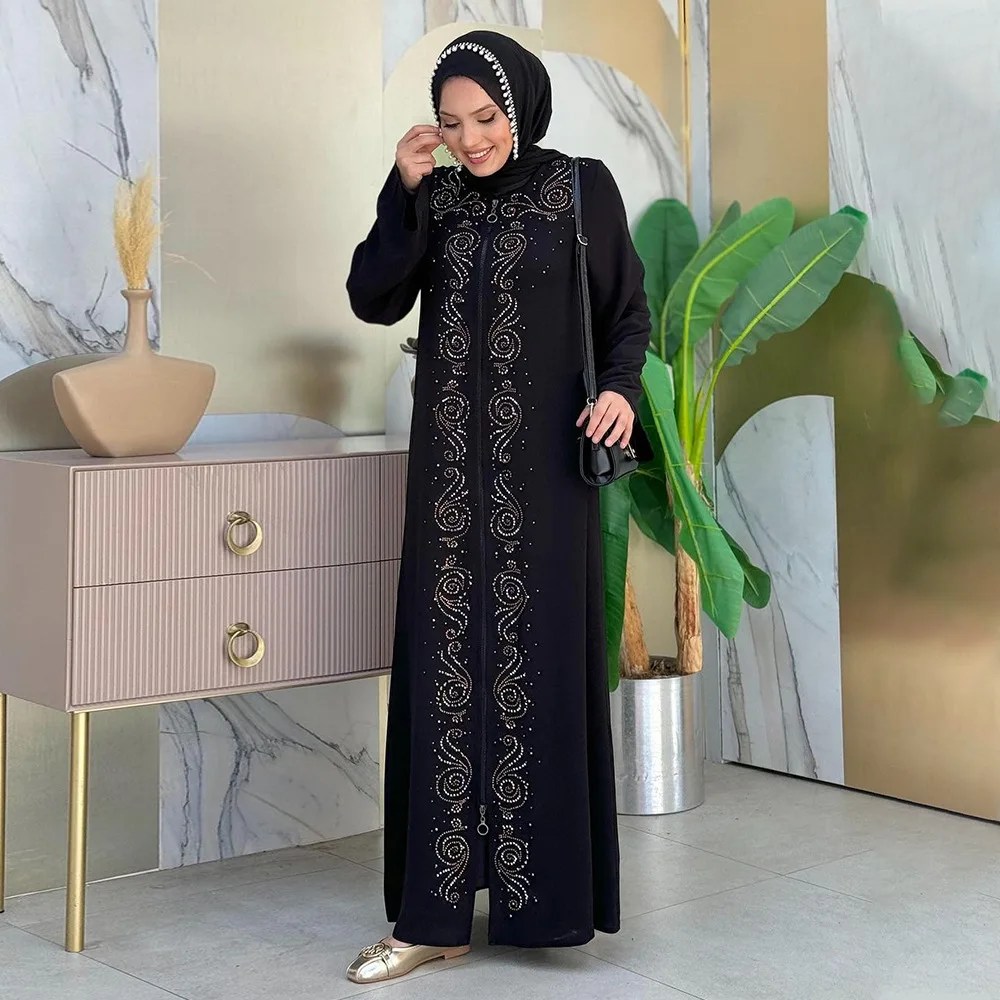 

Eid Mubarak Abayas на молнии со стразами для новых женщин, мусульманское, Марокканское платье, турецкий кафтан, арабский халат Jalabiya, мусульманская одежда