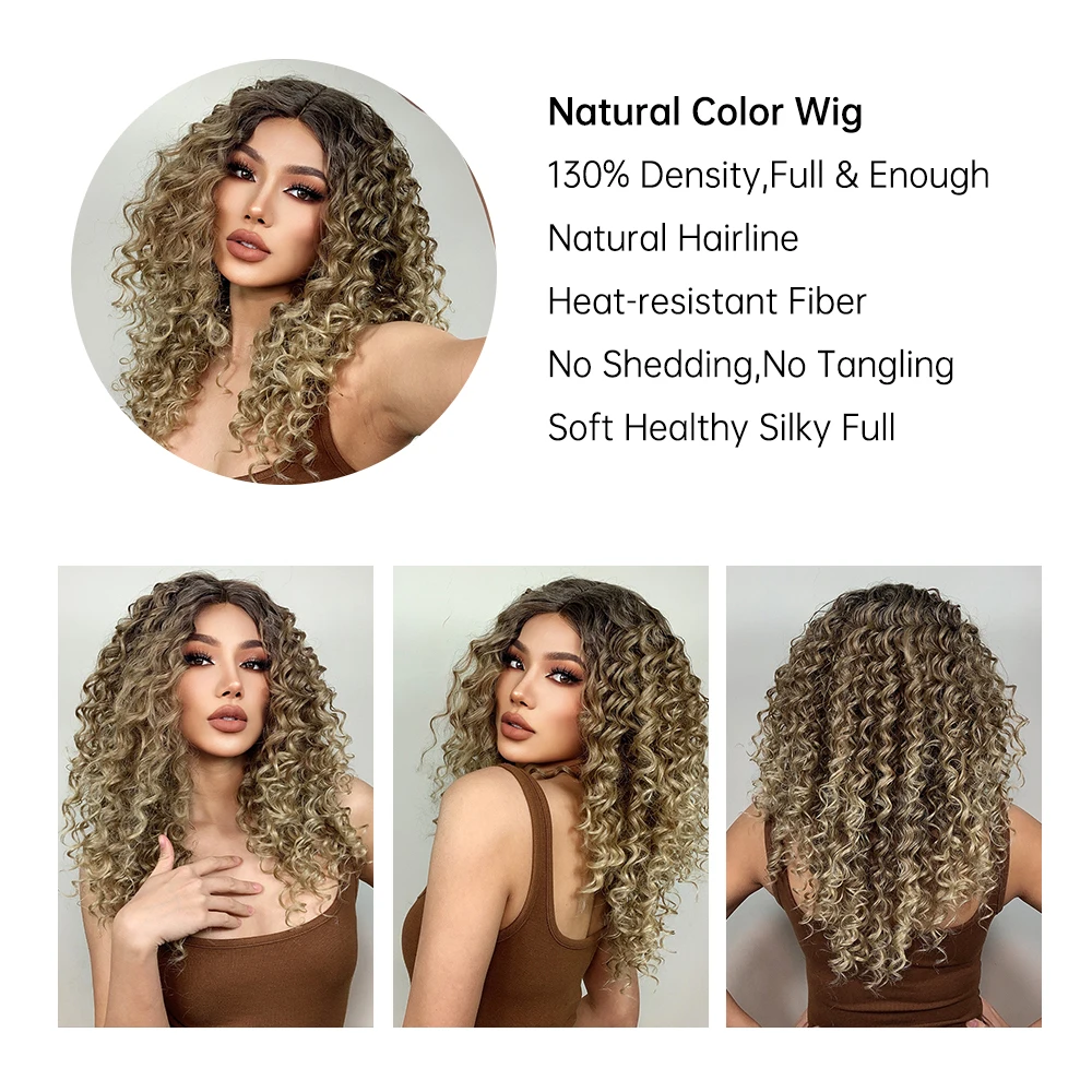 Długie kręcone syntetyczna koronka peruki brązowy blond Highlight 13*1 t-middle częściowo koronka peruka dla czarnych kobiet Cosplay Afro kręcone