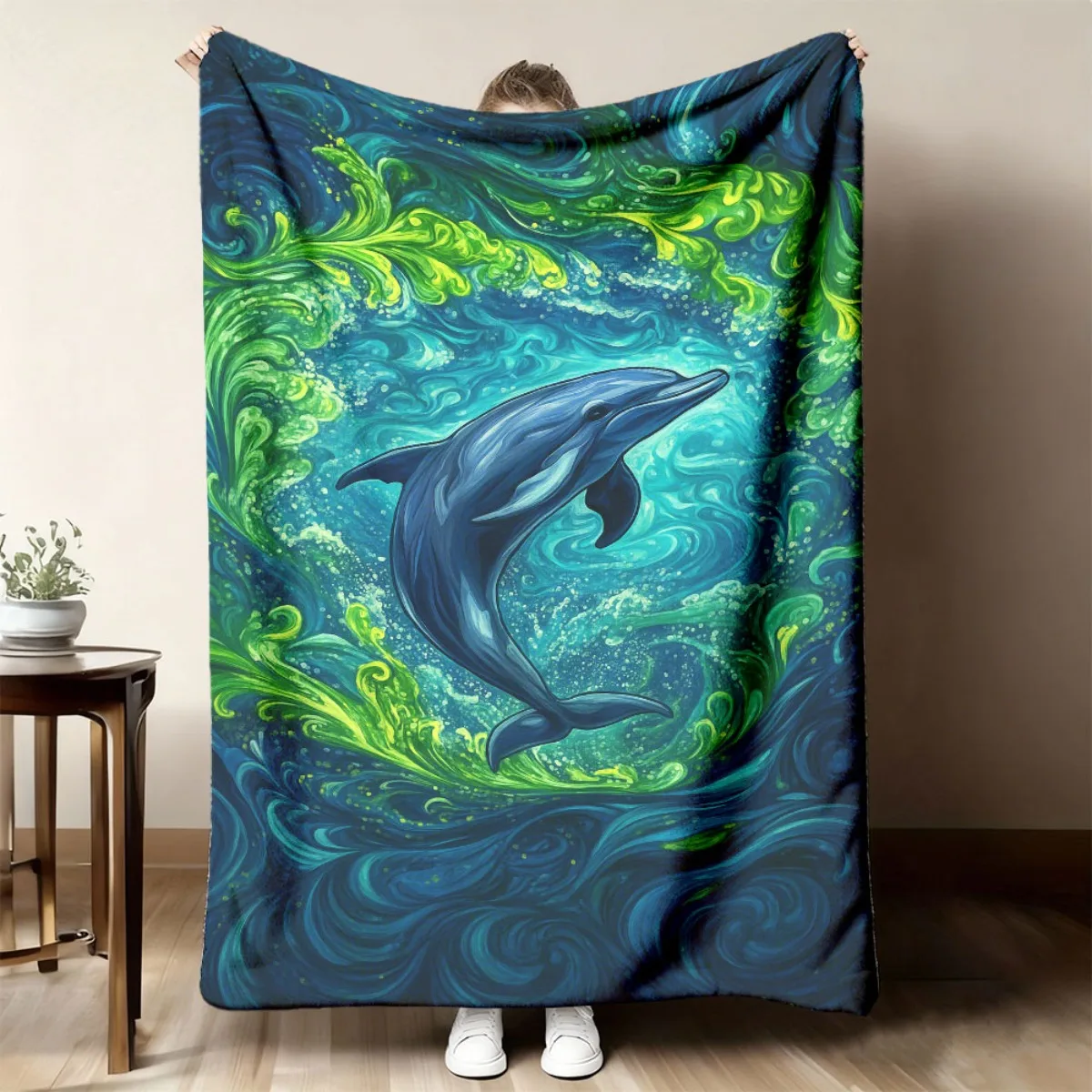 Blue Dolphin Ocean Throw Blanket Psychedelic Swirl Waves Marine Animal Sea Art Vivid Cozy Cover For Sofa Rocking Chair