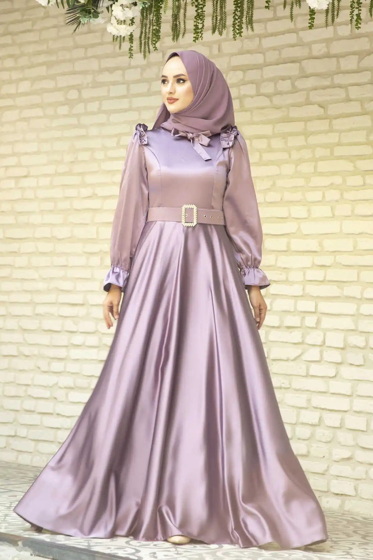 Kemerli Satin Evening Dress Lavender