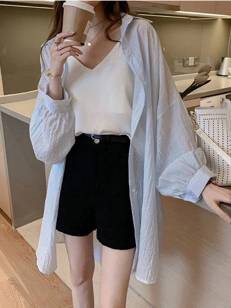 ZOKI Thin Summer Women Long Shirts Long Sleeve Loose Korean  Oversize Sun Protection Shirt Fashion Button Casual Female Tops New