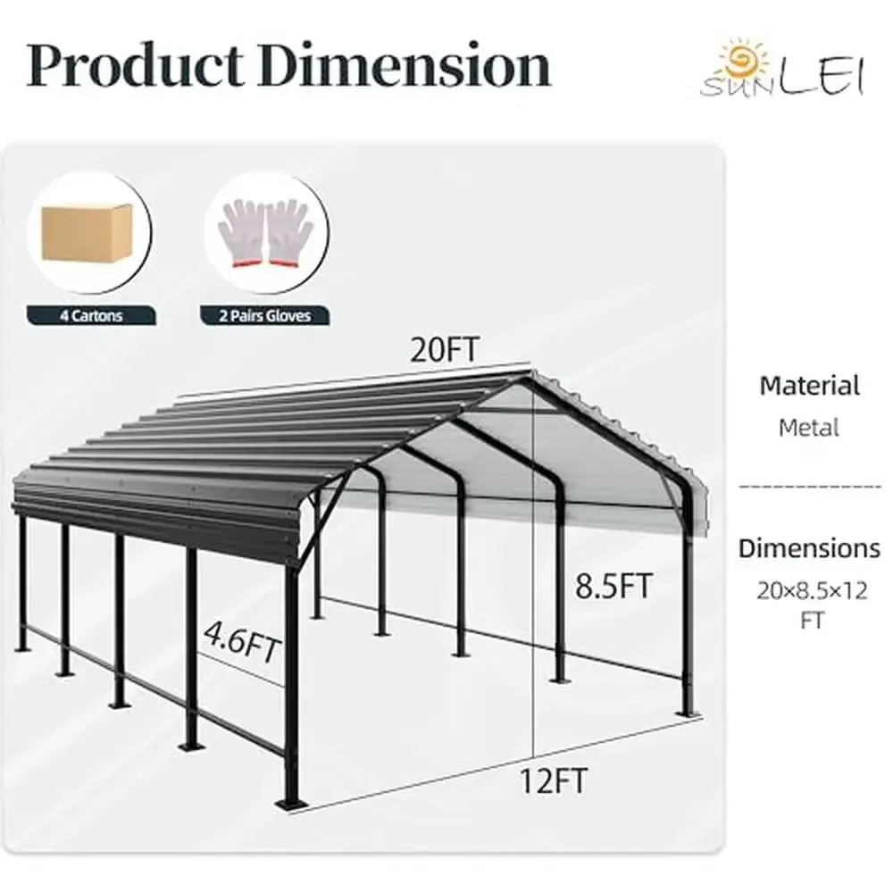 Galvanized Steel Carport Canopy 12x20 FT Heavy Duty Metal Garage Pickup Shelter Waterproof UV-Resistant Cover Sturdy Base Easy