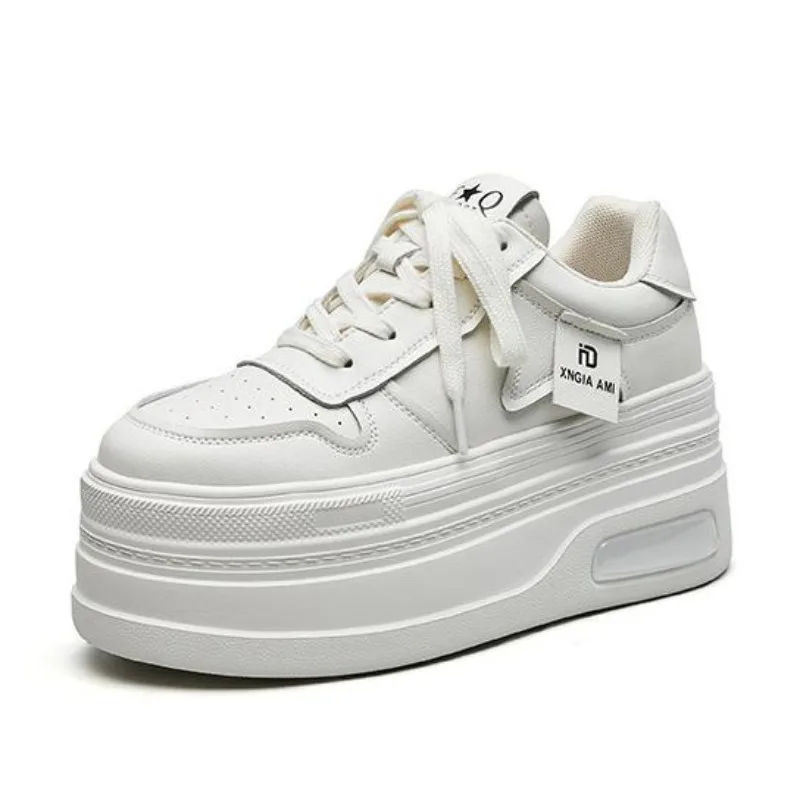 

9CM Platform Wedge Sneakers Genuine Leather Autumn Comfy Breathable Skate Board Vulcanized Chunky Hidden Heel Block Boots Shoes