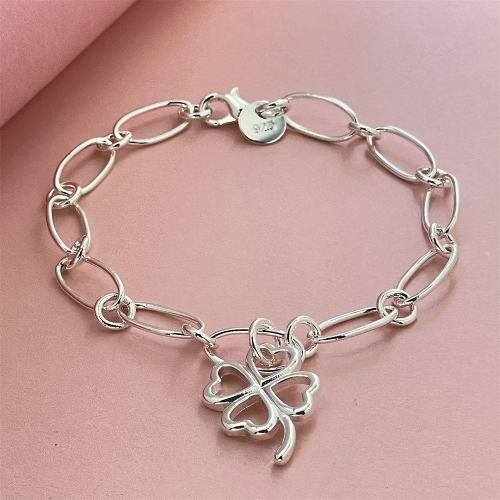 Fashion Kpop 925 Sterling Silver Pretty Four-Leaf Clover Bracelets For Women Street Versatile Jewelry Wedding Party Gifts view 2