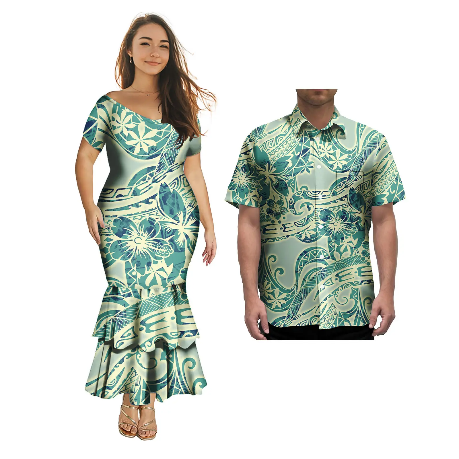 Couple Outfit Sets Ladies Evening Dresses Polynesian Pattern Design Classic Mens Hawaiian Shirts Match Women Plus Size Bodycon