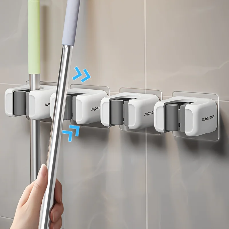 4pcs Heavy-Duty Wall-Mounted Mop & Broom Holder | Self-Adhesive，Plastic Organizer Clamp & Clip Rack for Home, Kitchen, Bathroom