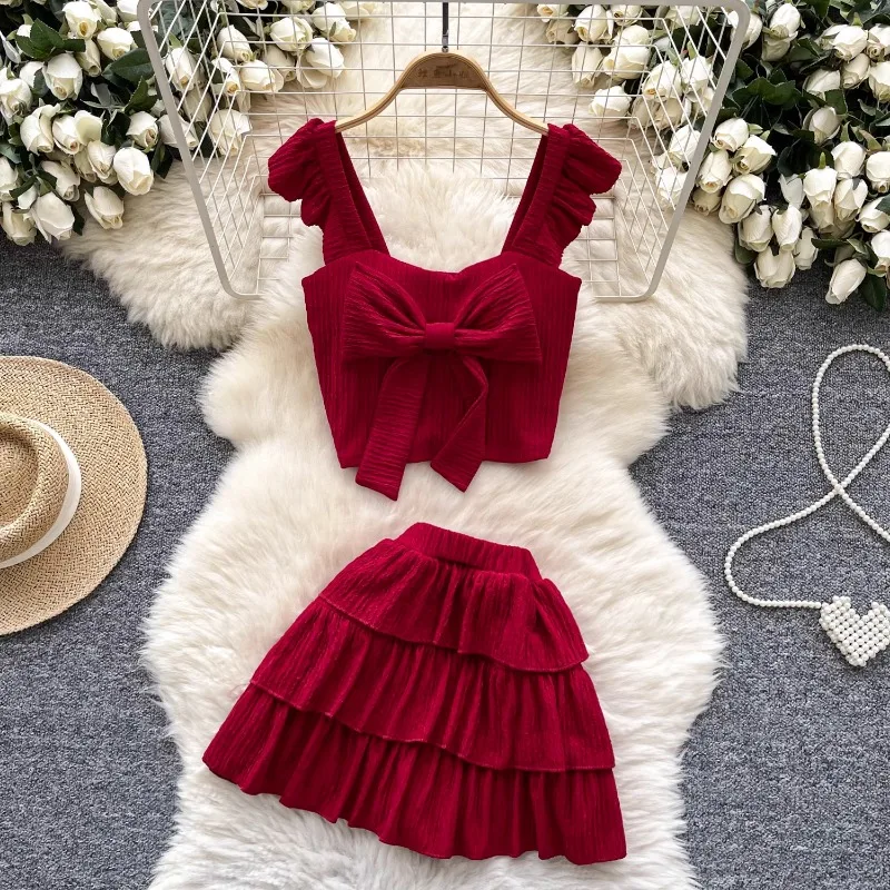 

Sexy Backless Short Bow Camisole+Elastic Waist Ruffle Mini Skirt 2-piece Set Skinny High Waist Solid Skirt Suit Woman Clothing