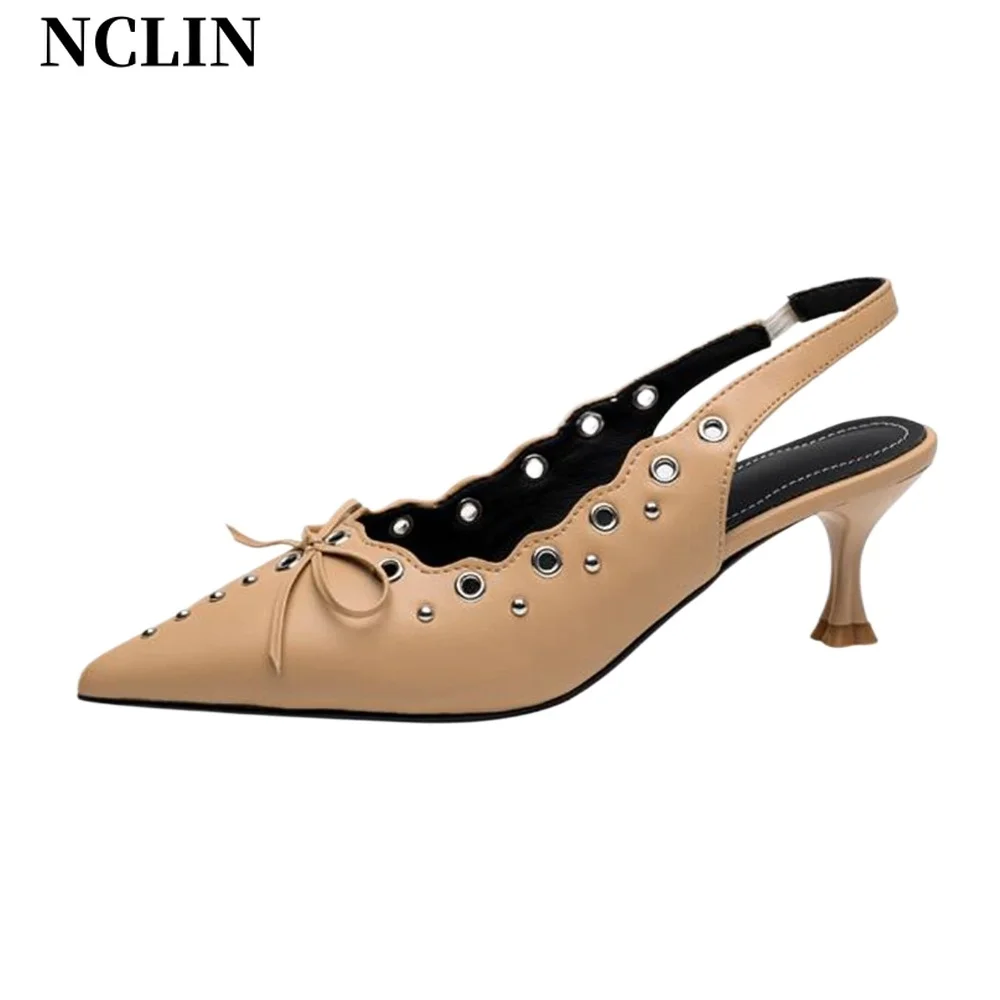 

NCLIN Sheep Skin Shallow Summer Shoes Slingback Hollow Decoration Pointed Toe Stiletto Heels Slingback Bowtie Women Pumps