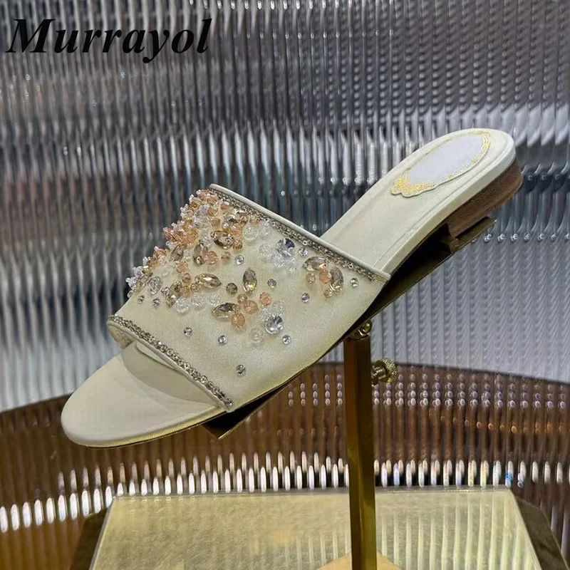 New Dress Shoes Women Open Toe One Strap Square Heels Slippers Summer Flower Rhinestone String Bead Decor Solid Color Sandals