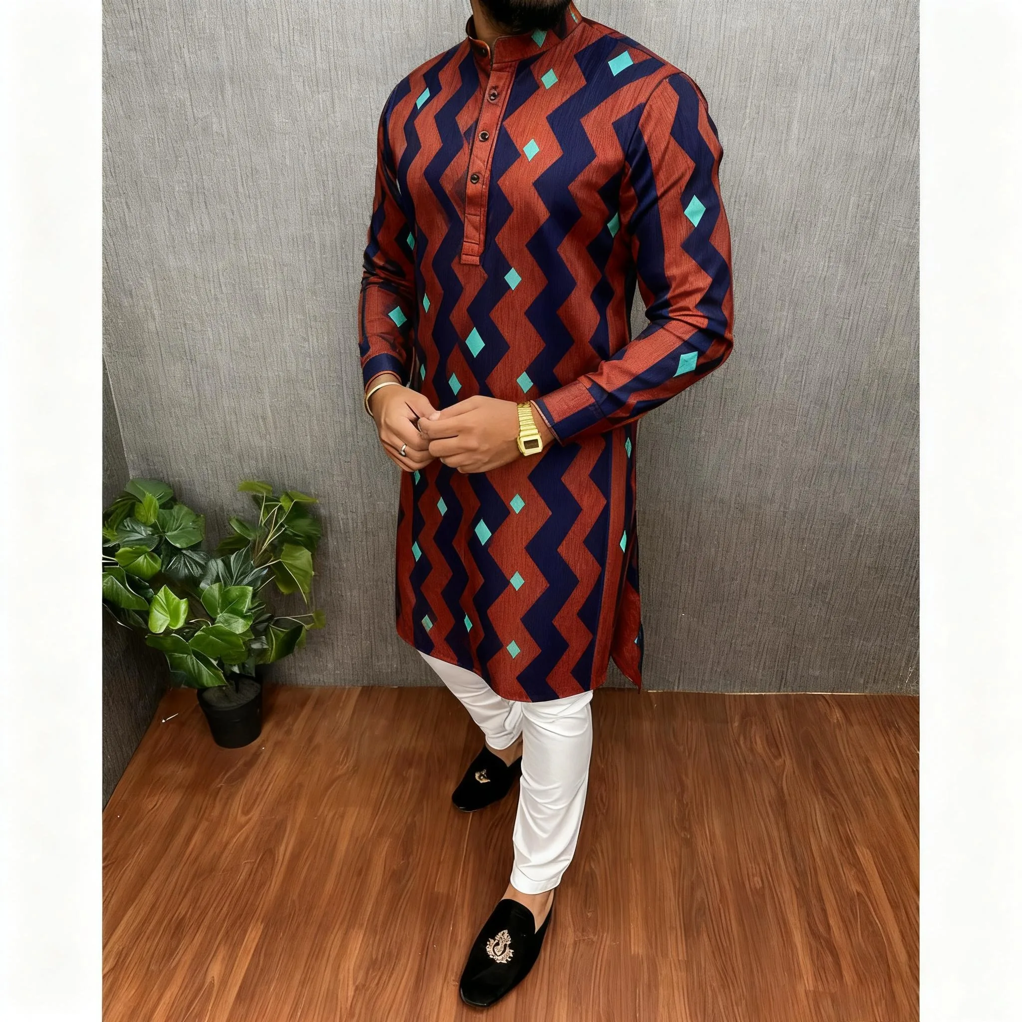 قمصان رجالية إسلامية بسيطة كاجوال قميص طباعة عرقية قميص طويل الأكمام بياقة واقفة دبي قفطان مغربي