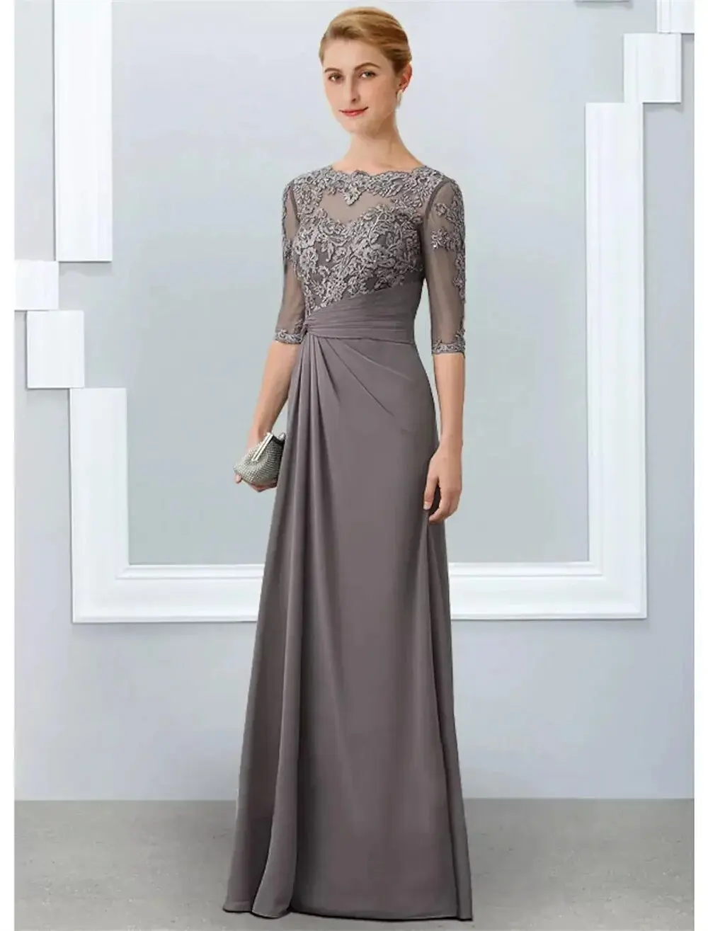 A-Linie graue Mutter der Braut Kleid elegante Juwel Hals boden lange Chiffon halbe Ärmel Applikationen Spitze Hochzeit Party Kleider