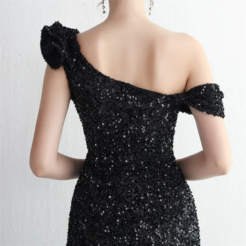 Robe en queue de poisson à paillettes à manches longues pour femmes, faite à la main, perle, fil artisanal, style de banquet socialite, robe sexy à fente haute