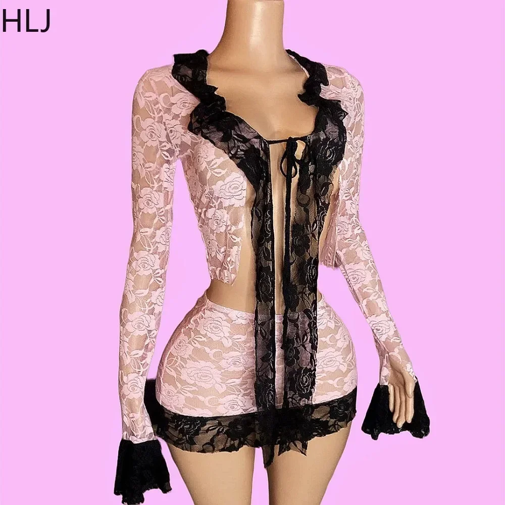 

HLJ Pink Y2K Lace Stitching Perspective 2 Piece Sets Outfits Women Long Sleeve Bandage Top And Mini Skirt Clothing Sexy Clubwear