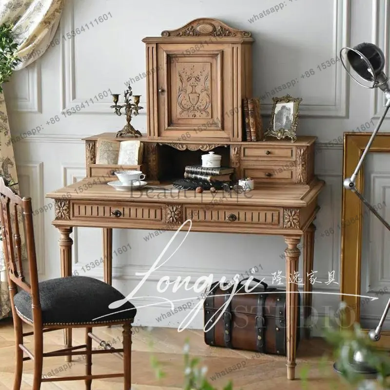 French retro solid wood dresser carved medieval furniture writing desk makeup table