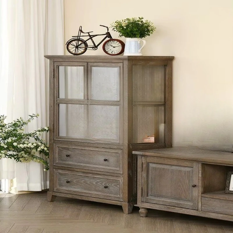 Natural style solid wood sideboard, living room half-height storage cabinet, bookcase
