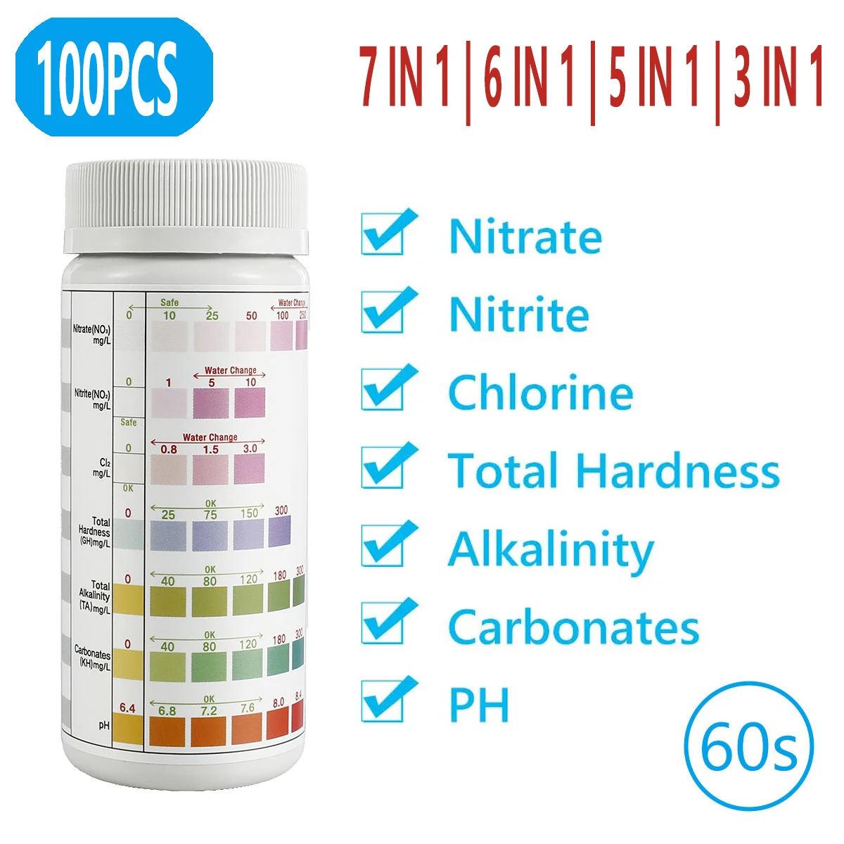 100pcs Aquarium Test Strips 7-IN-1/ 3-IN-1 Fish Tank Test Kit Freshwater Saltwater Aquarium Water Test to Detect pH Test Strips