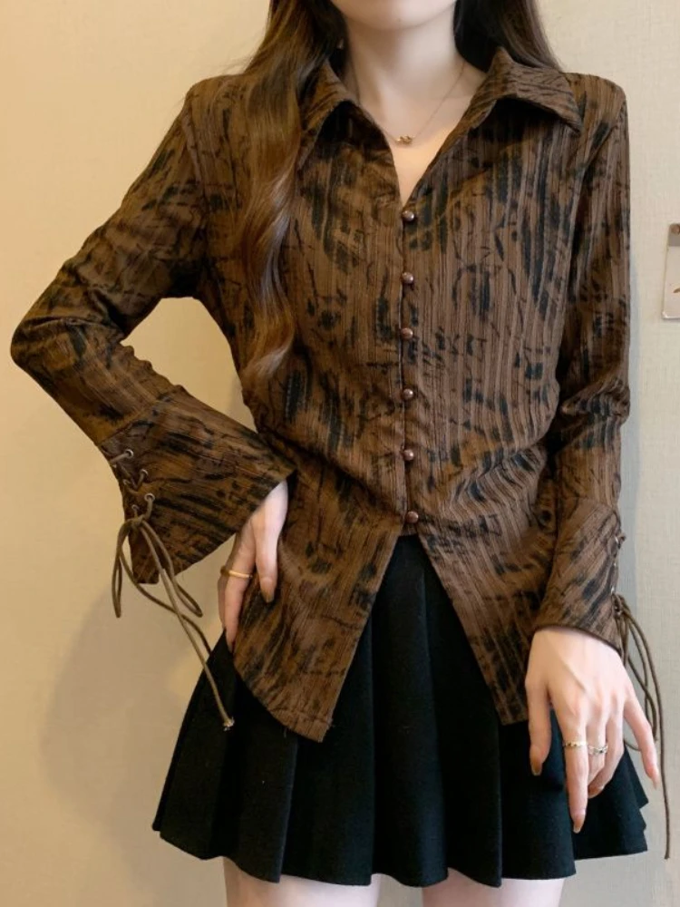 

Plus Size Women Shirt Turn Down Collar Flare Sleeve Bandage Tie Dye Single Breasted Blouses Vintage Spring Autumn Clothing 2024