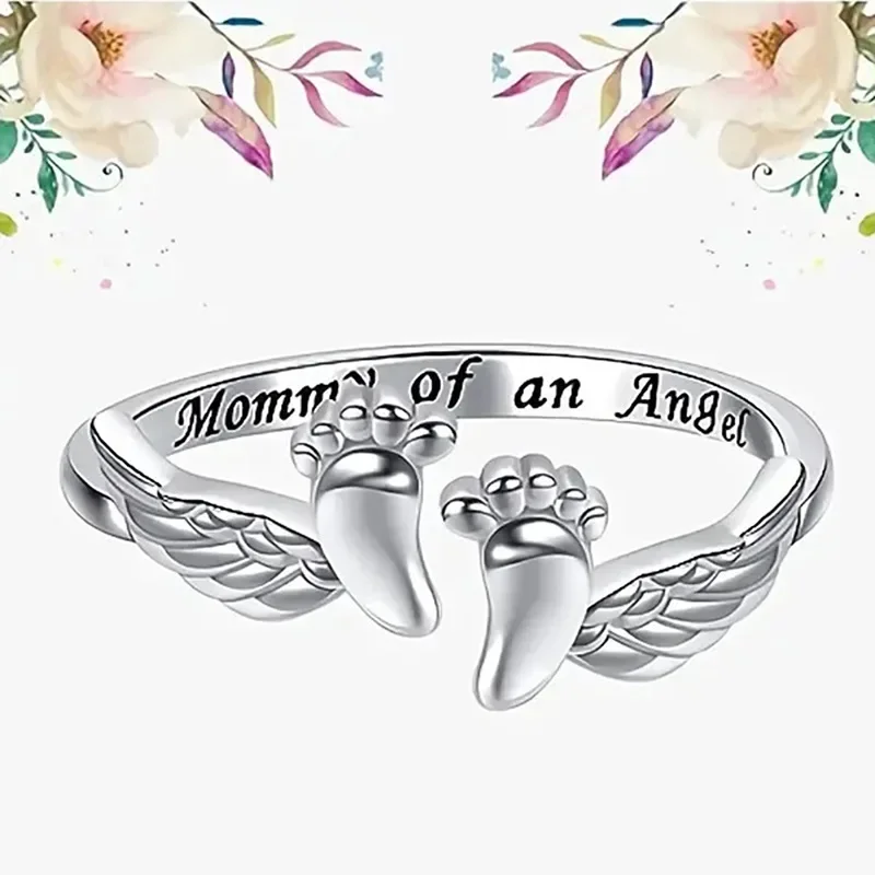 2024 New Mom Angel Ring Female Simple Personality Sweet Warm Elegant Engraved Baby Footprints Fashion Jewelry Accessories