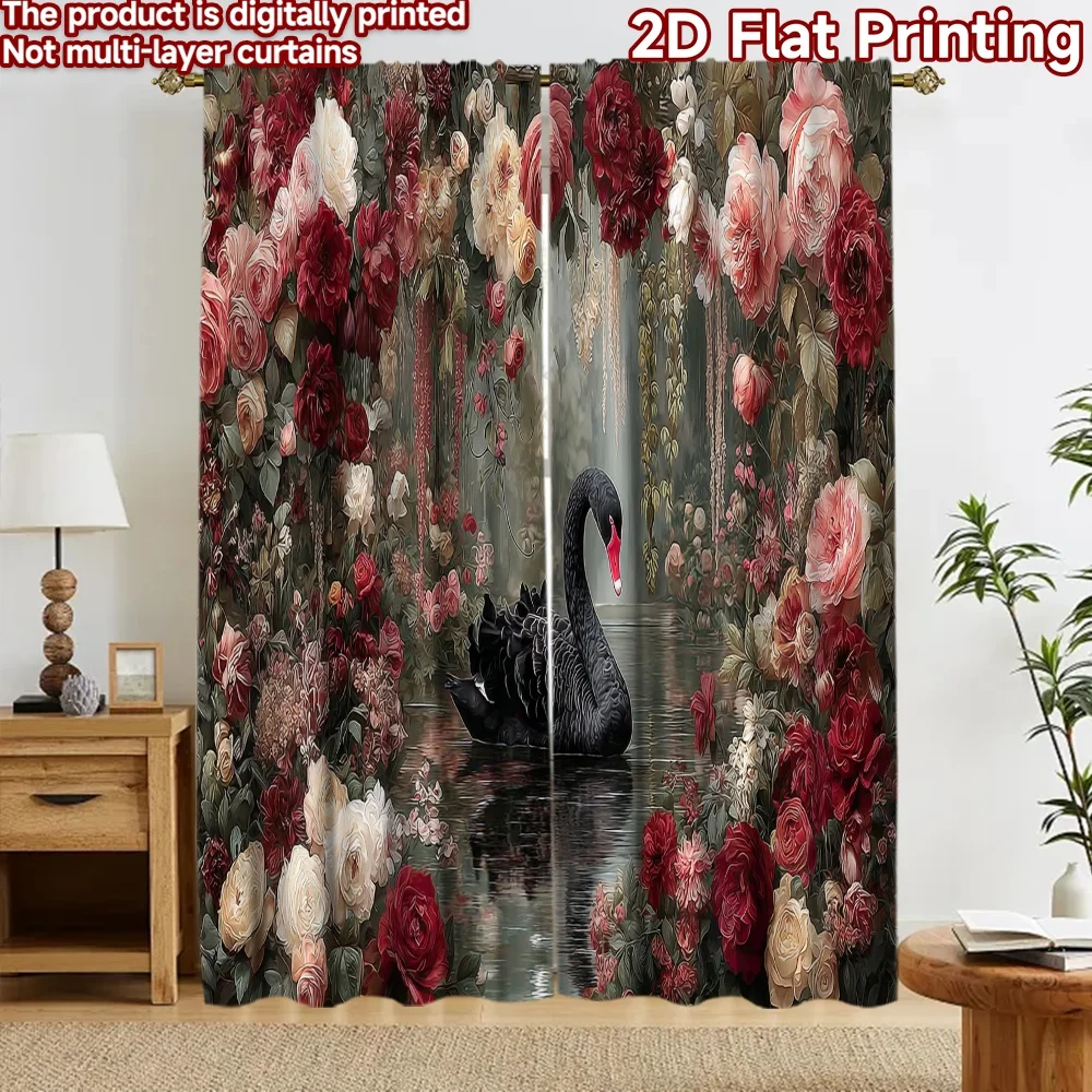 2D flat 2pcs Curtain Retro Country Style Curtains Romantic Black Swan Roses Digitally printed polyester, colorfast Festive Wall